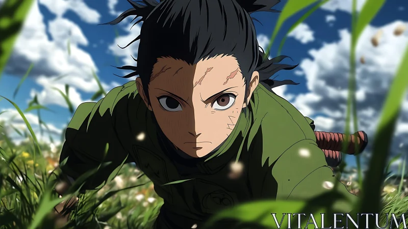 Young warrior crawls through tall grass under cloudy sky