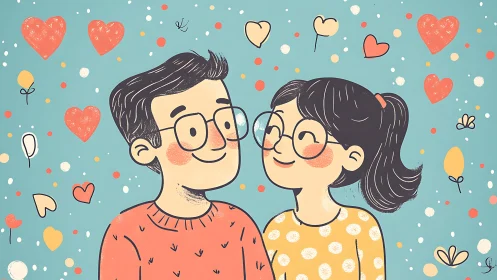 Vector illustration depicting two glasses-wearing figures with complementary color palette