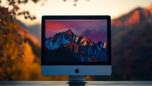 Desktop monitor showcases vivid mountain sunset wallpaper.