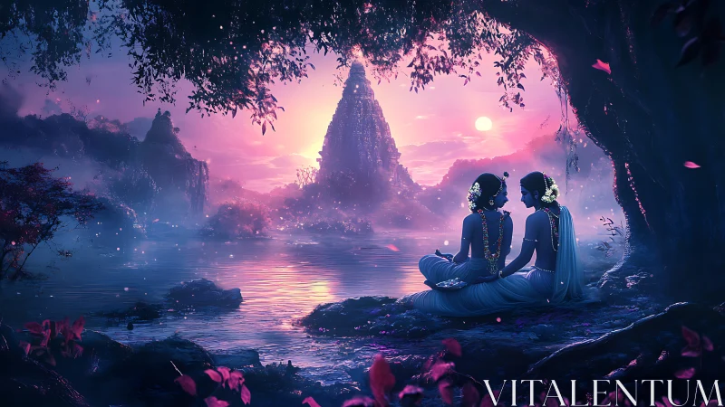 Two figures meditate before monumental spires in bioluminescent cavern.