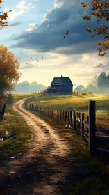 Quiet country lane curving toward a sunlit farmhouse.