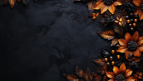 Golden Metallic Floral Arrangement on Textured Dark Surface with Compositional Asymmetry