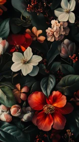 Lush Floral Garden: Red, White, and Peachy Blooms