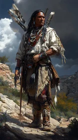 Warrior in stormlit canyon stands vigilant against dark skies.
