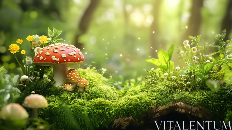 Sunlit mushroom kingdom glows quietly atop a mossy bridge