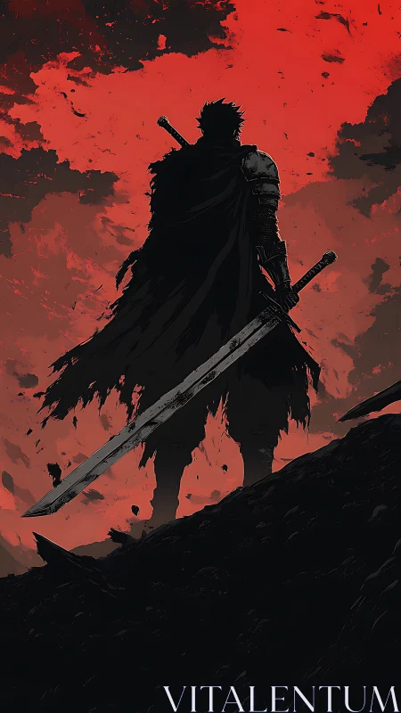 Sword-heavy wanderer carves silence beneath a burning sky