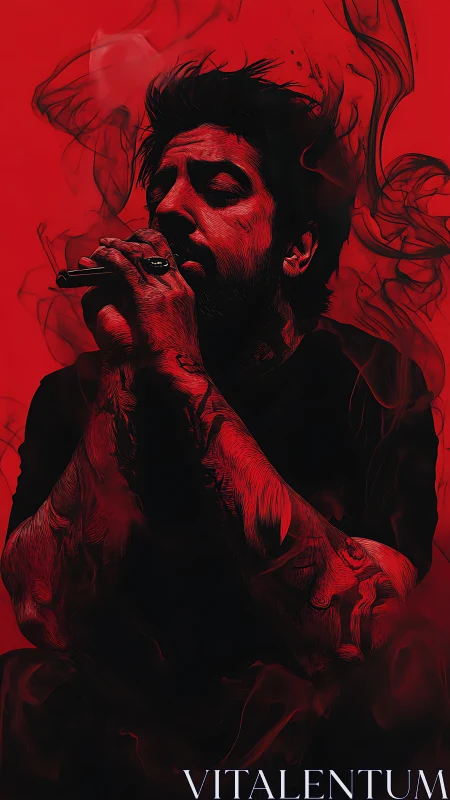 Vocalist in red spectral smoke with high-contrast chiaroscuro rendering.