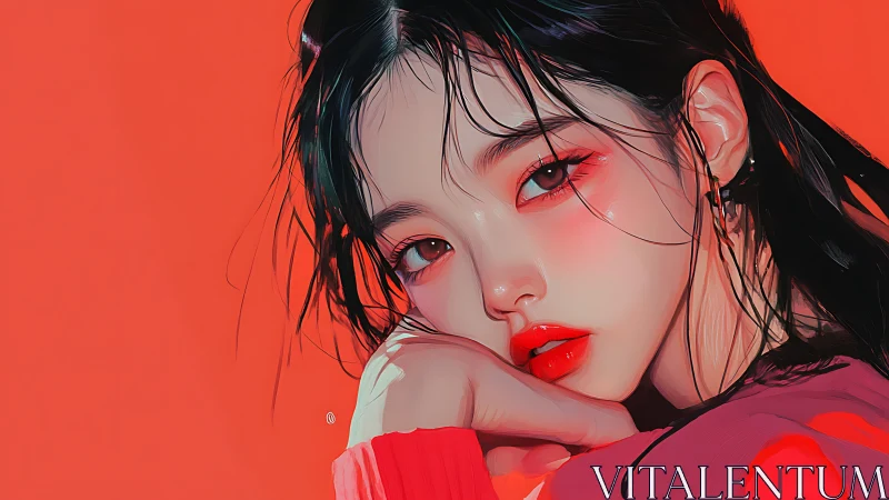 Hyperreal digital portrait with saturated red palette.