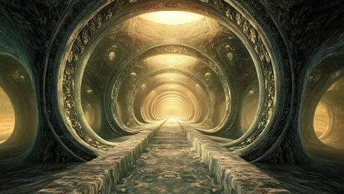 Circular stone tunnel shows receding arches under diffuse light
