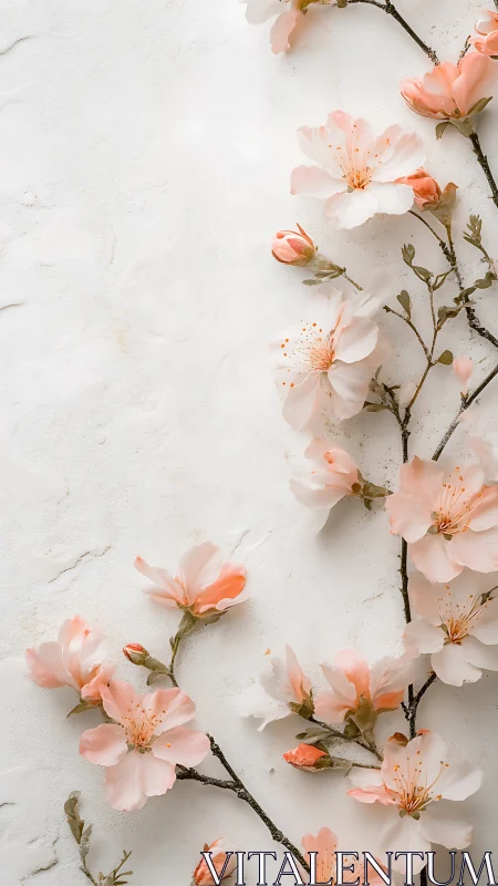 Coral Blossoms Against Textured White Surface.