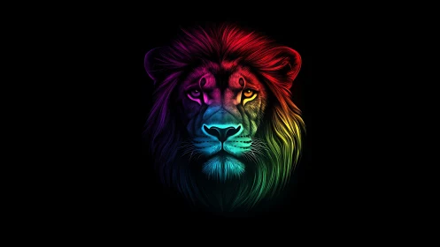 Lion head rendered in multicolor neon gradient on black