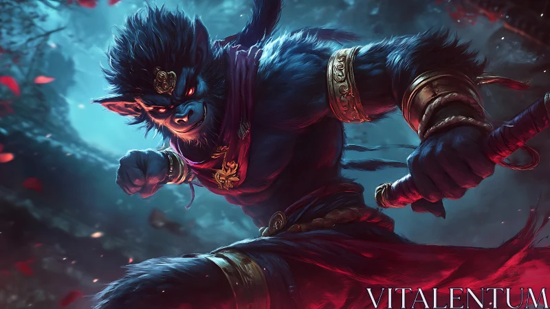 Dynamic warrior primate in mythic digital battle scene.