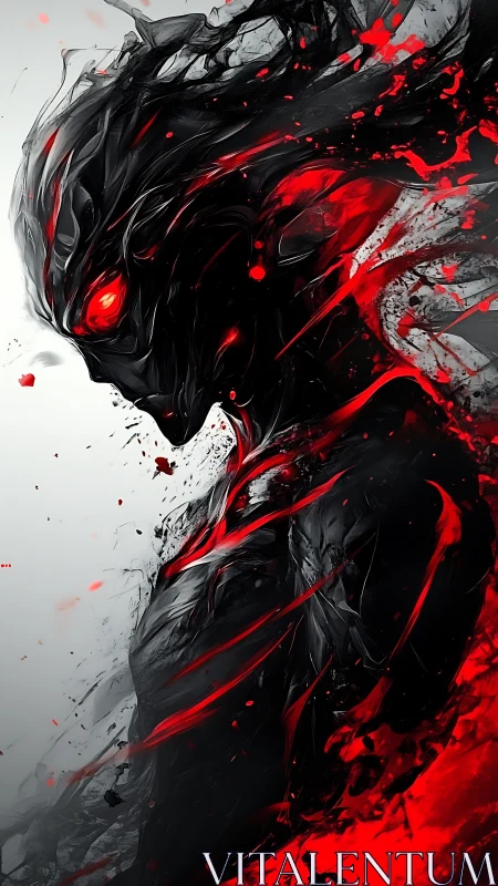 Abstract infernal entity in black fluid form with red energy