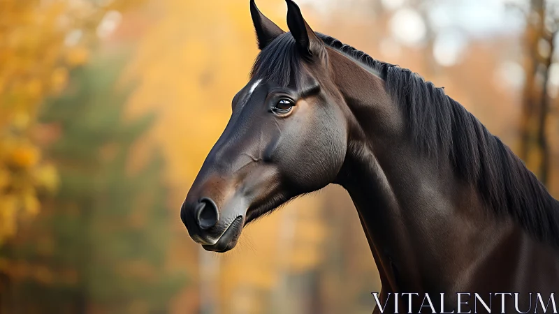 Gentle bay horse in golden autumn forest light.