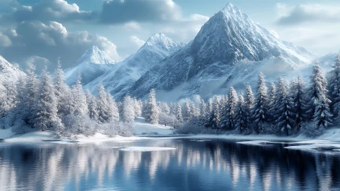 Snowy alpine peaks rise above reflective winter lake