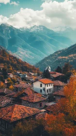Mountain village glows beneath teal skies and autumn fire.