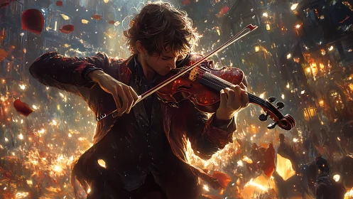 Violinist ignites a storm of light in fevered city night.