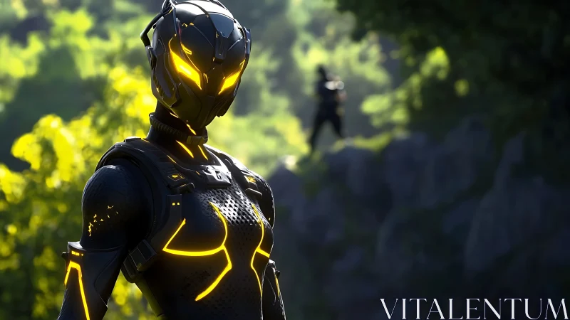 Neon-clad cyber sentinel stalking sunlight-drenched forest paths.