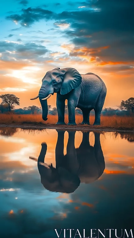 Sunlit savanna elephant mirrored in saturated lagoon sky.