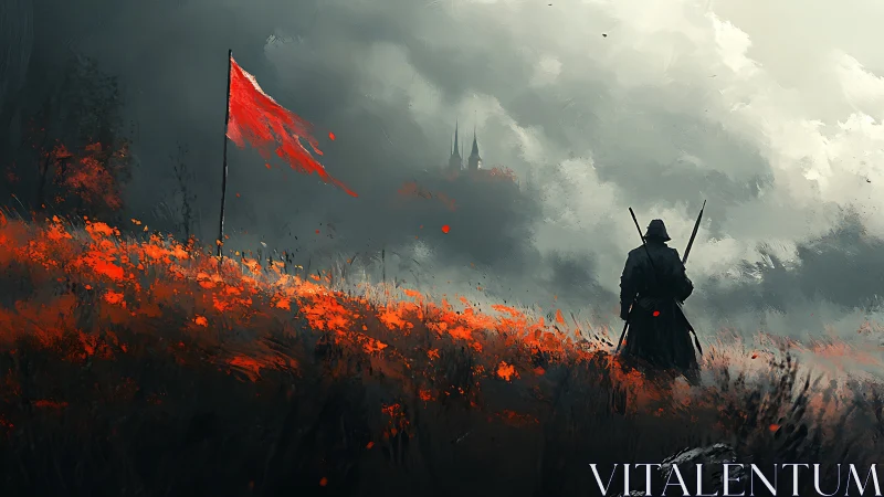 Solitary infantry silhouette approaching citadel through ember field.