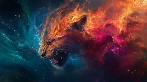 Nebula-formed lion head emerging in multicolored space.