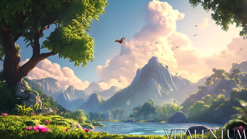 Luminous mountain valley with tranquil lake and soaring birds.