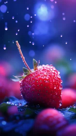 Strawberry sits in macro close-up under falling water droplets