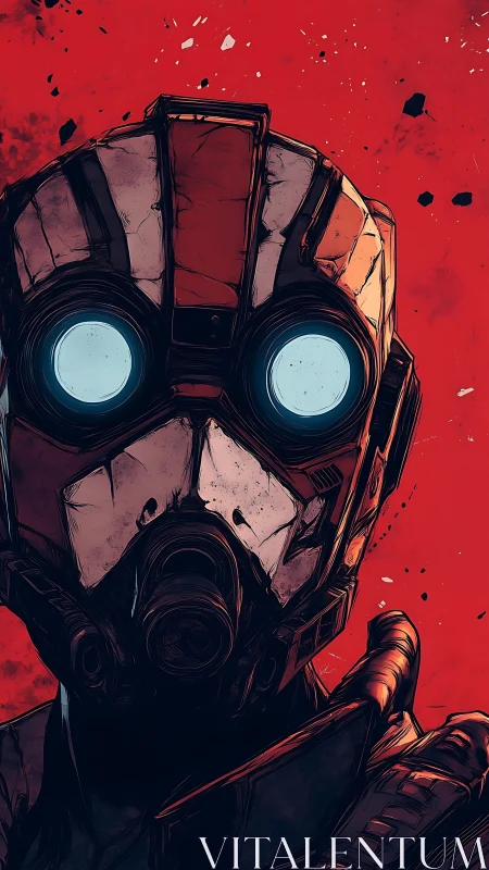 Tactical sci fi helmeted soldier portrait on red debris field