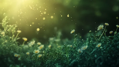 Wild daisies grow under backlit particles in green meadow