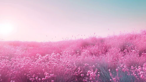 Pink wildflower meadow under pastel sunrise glow.