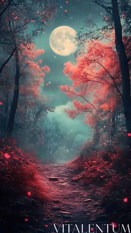 Moonlit crimson forest path under glowing ethereal sky.