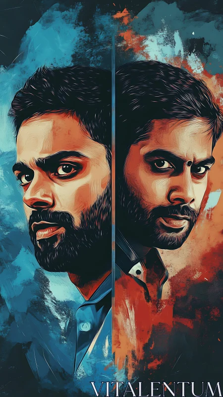 Split portrait of man in blue and red expressive lighting.