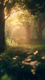 Golden sunlight filters through forest canopy with scattered particles