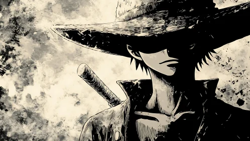 Straw hat swordsman stands in stark monochrome ink shadows.