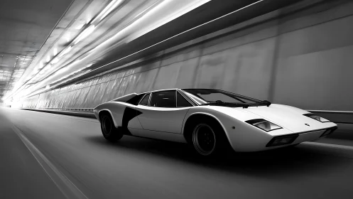 White wedge supercar accelerates through a monochrome tunnel