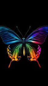 Radiant neon butterfly glows against deep black void.