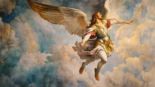 Radiant armored angel soars through golden sunlit clouds