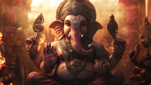 Digital Ganesha idol in warm ceremonial temple light.