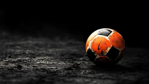 Lone orange football glows on wet asphalt in midnight hush.