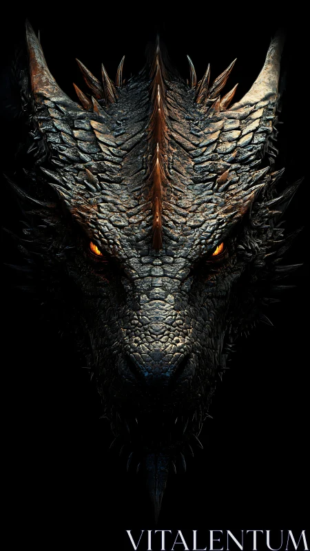 Symmetrical close view of textured dragon head in dark space.