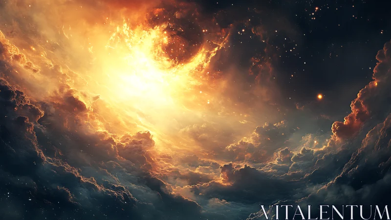 Vast cosmic cloud framing bright central stellar light.