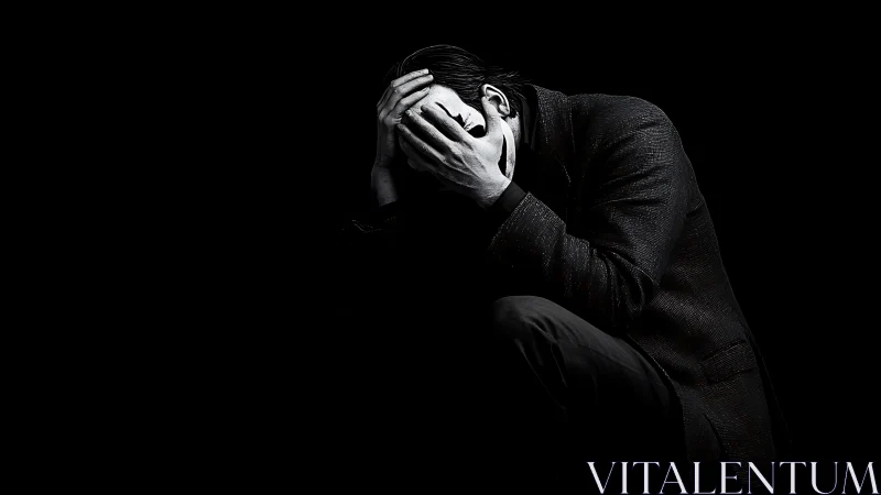 Shadowed man in emotional collapse against deep black void.