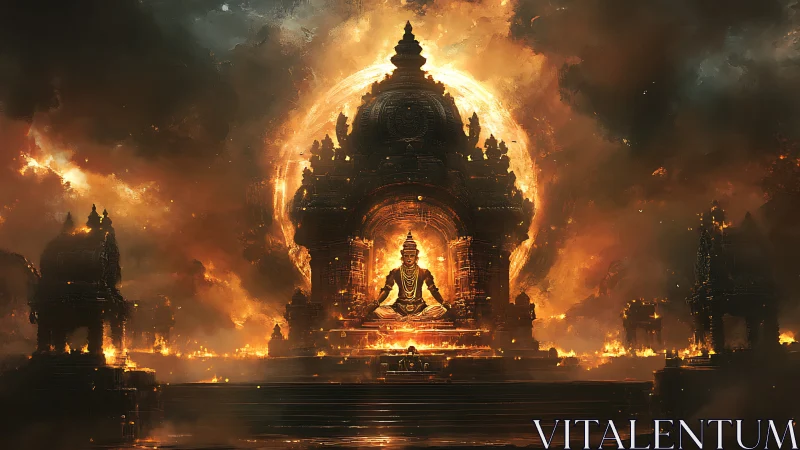 Radiant temple guardian seated in a halo of living fire.