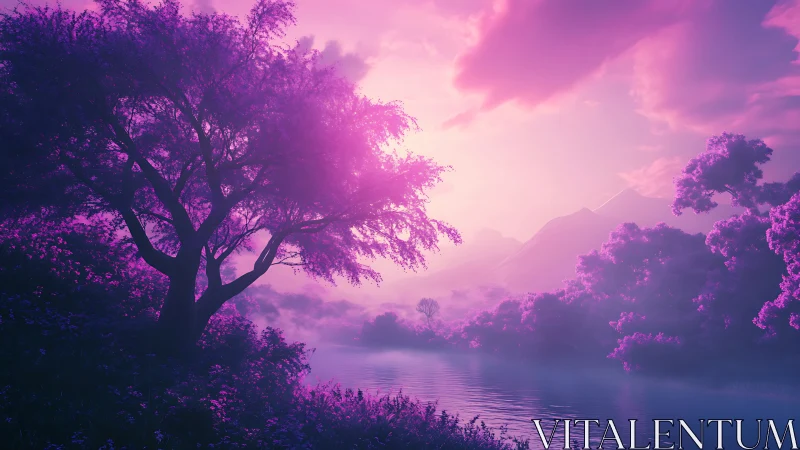 Dreamy pink riverside forest glows gently in soft evening light