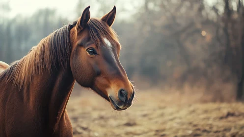 Brown horse in soft-focus autumn field portrait scene.