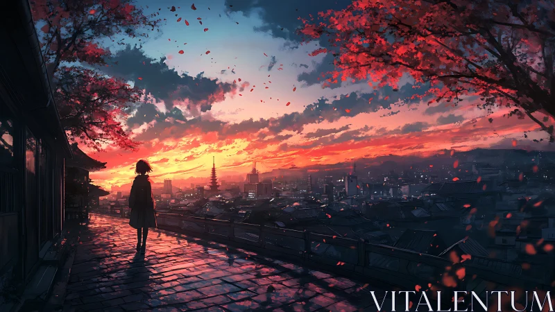 Solitary silhouette wandering beneath ember-kissed evening sky.