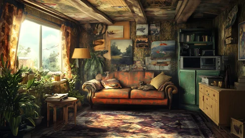 Sunlit vintage living room cradles a cozy, art-filled retreat.