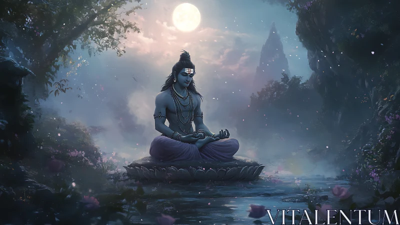 Moonlit seated deity in misty forest water landscape scene.