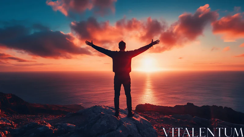 Sunset triumph on coastal cliff with radiant sky glow.