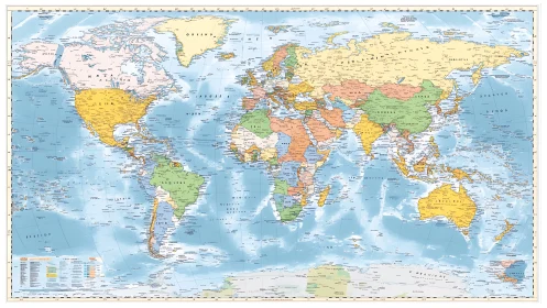 Political world map with pastel countries and oceans rendered.